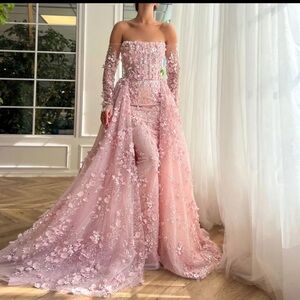 Elegant Pink Floral dress with train